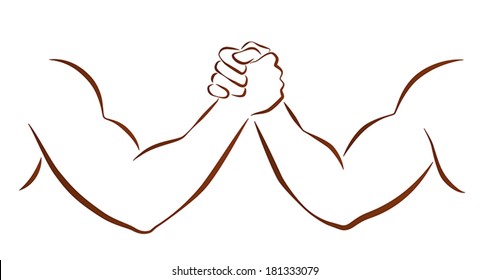 Outline illustration of two muscular arms that are wrestling.