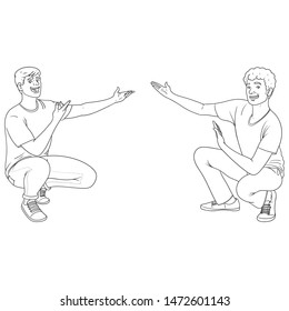 Outline illustration of two young men sitting in squat and pointing with their hands to the middle.  isolated, vector, present, doodle.