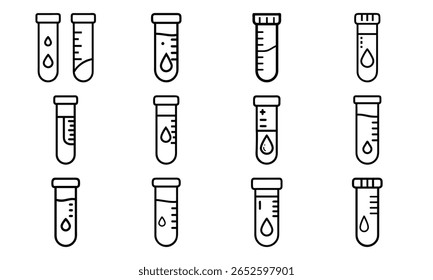 Ilustración de contorno de varios tubos de ensayo de laboratorio con gotitas y graduaciones en un diseño uniforme