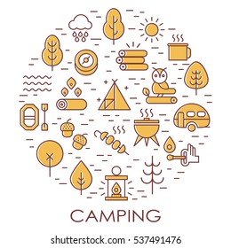 Outline illustration of  vector icons for web. Symbols of camping, outdoor activity, and equipment for tourism. Camping line set.