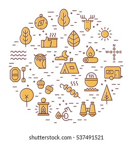Outline illustration of  vector icons for web. Symbols of camping, outdoor activity, and equipment for tourism. Camping line set.