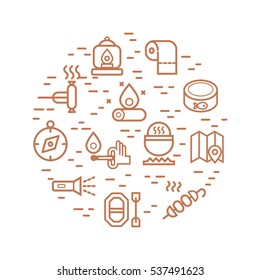 Outline illustration of  vector icons for web. Symbols of camping, outdoor activity, and equipment for tourism. Camping line set.