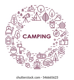 Outline illustration of  vector icons for web. Symbols of camping, outdoor activity and equipment for tourism. Travel.Camping line set.