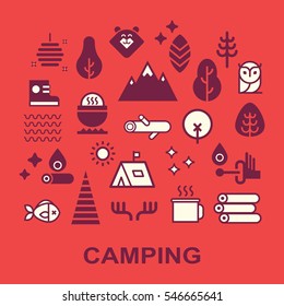 Outline illustration of  vector icons for web. Symbols of camping, outdoor activity and equipment for tourism. Travel.Camping line set.