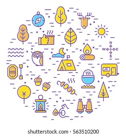 Outline illustration of  vector icons for web. Unique concept of camping, outdoor activity,  equipment for tourism. Color Line set isolated on white background.