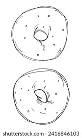 Umfassende Vektorgrafik eines Bagel.
Handgezeichnete Kunstwerke eines Bagel.
Einfaches, niedliches Originallogo.
Handgezeichnete Vektorgrafik für Poster.