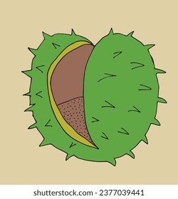 Outline illustration vector image of a chestnut.
Hand drawn artwork of a chestnut. 
Simple cute original logo.
Hand drawn vector illustration for posters, cards, t-shirts.