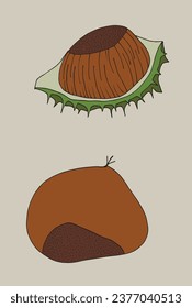 Outline illustration vector image of a chestnut.
Hand drawn artwork of a chestnut. 
Simple cute original logo.
Hand drawn vector illustration for posters, cards, t-shirts.