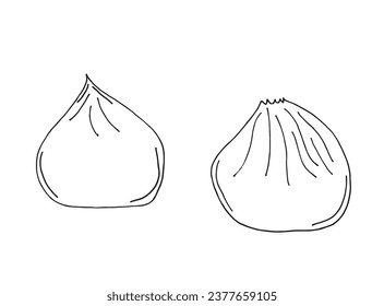 Outline illustration vector image of a dumpling.
Hand drawn artwork of a dumpling. 
Simple cute original logo.
Hand drawn vector illustration for posters, cards, t-shirts.