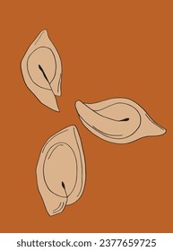 Outline illustration vector image of a dumpling.
Hand drawn artwork of a dumpling. 
Simple cute original logo.
Hand drawn vector illustration for posters, cards, t-shirts.