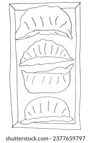 Outline illustration vector image of a dumpling.
Hand drawn artwork of a dumpling. 
Simple cute original logo.
Hand drawn vector illustration for posters, cards, t-shirts.