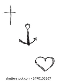 Outline illustration vector image of a faith, love and hope symbol.
Hand drawn artwork of a faith, love and hope symbol.
Simple cute original logo.
Hand drawn vector illustration for posters.