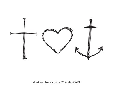 Outline illustration vector image of a faith, love and hope symbol.
Hand drawn artwork of a faith, love and hope symbol.
Simple cute original logo.
Hand drawn vector illustration for posters.