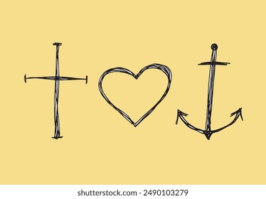 Outline illustration vector image of a faith, love and hope symbol.
Hand drawn artwork of a faith, love and hope symbol.
Simple cute original logo.
Hand drawn vector illustration for posters.