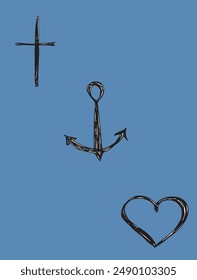 Outline illustration vector image of a faith, love and hope symbol.
Hand drawn artwork of a faith, love and hope symbol.
Simple cute original logo.
Hand drawn vector illustration for posters.