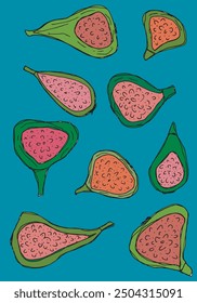 Outline illustration vector image of a fig.
Hand drawn artwork of a figs.
Simple cute original logo.
Hand drawn vector illustration for posters.
