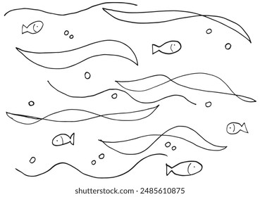 Outline illustration vector image of a  fish in the sea.
Hand drawn artwork of a fish in the sea.
Simple cute original logo.
Hand drawn vector illustration for posters.