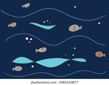 Outline illustration vector image of a  fish in the sea.
Hand drawn artwork of a fish in the sea.
Simple cute original logo.
Hand drawn vector illustration for posters.