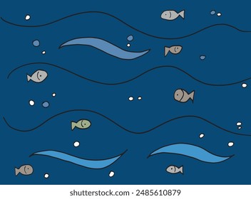 Outline illustration vector image of a  fish in the sea.
Hand drawn artwork of a fish in the sea.
Simple cute original logo.
Hand drawn vector illustration for posters.