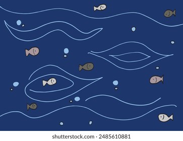 Outline illustration vector image of a  fish in the sea.
Hand drawn artwork of a fish in the sea.
Simple cute original logo.
Hand drawn vector illustration for posters.