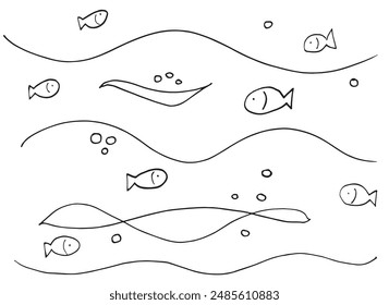 Outline illustration vector image of a  fish in the sea.
Hand drawn artwork of a fish in the sea.
Simple cute original logo.
Hand drawn vector illustration for posters.