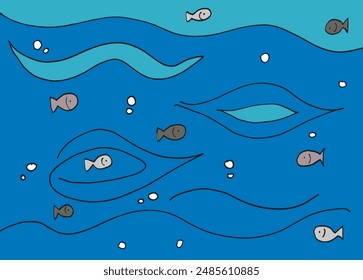 Outline illustration vector image of a  fish in the sea.
Hand drawn artwork of a fish in the sea.
Simple cute original logo.
Hand drawn vector illustration for posters.