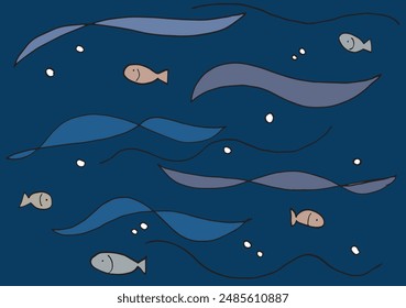 Outline illustration vector image of a  fish in the sea.
Hand drawn artwork of a fish in the sea.
Simple cute original logo.
Hand drawn vector illustration for posters.