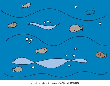 Outline illustration vector image of a  fish in the sea.
Hand drawn artwork of a fish in the sea.
Simple cute original logo.
Hand drawn vector illustration for posters.