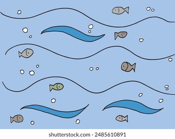 Outline illustration vector image of a  fish in the sea.
Hand drawn artwork of a fish in the sea.
Simple cute original logo.
Hand drawn vector illustration for posters.