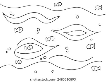 Outline illustration vector image of a  fish in the sea.
Hand drawn artwork of a fish in the sea.
Simple cute original logo.
Hand drawn vector illustration for posters.