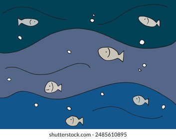 Outline illustration vector image of a  fish in the sea.
Hand drawn artwork of a fish in the sea.
Simple cute original logo.
Hand drawn vector illustration for posters.