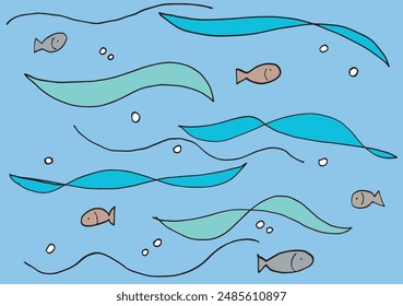 Outline illustration vector image of a  fish in the sea.
Hand drawn artwork of a fish in the sea.
Simple cute original logo.
Hand drawn vector illustration for posters.