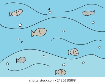 Outline illustration vector image of a  fish in the sea.
Hand drawn artwork of a fish in the sea.
Simple cute original logo.
Hand drawn vector illustration for posters.