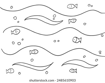 Outline illustration vector image of a  fish in the sea.
Hand drawn artwork of a fish in the sea.
Simple cute original logo.
Hand drawn vector illustration for posters.