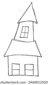Umriss Illustration Vektorgrafik Bild eines Hauses.
Handgezeichnetes Kunstwerk eines Hauses.
Einfaches, niedliches Original-Logo.
Handgezeichnete Vektorillustration für Poster.