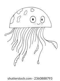 Outline illustration vector image of a jellyfish.
Hand drawn artwork of a jellyfish. 
Simple cute original logo.
Hand drawn vector illustration for posters, cards, t-shirts.