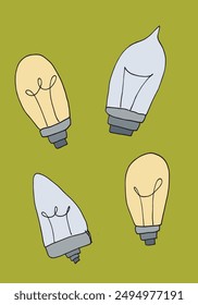 Umriss Illustration Vektorgrafik Bild einer Glühbirne.
Handgezeichnetes Kunstwerk einer Glühbirne.
Einfaches, niedliches Original-Logo.
Handgezeichnete Vektorillustration für Poster.