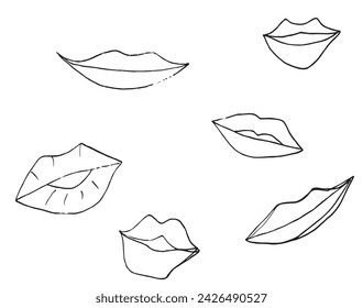 Outline illustration vector image of a lips and kiis.
Hand drawn artwork of a lips.
Simple cute original logo.
Hand drawn vector illustration for posters.