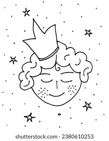 Outline illustration vector image of a little prince.
Hand drawn artwork. 
Simple cute original logo.
Hand drawn vector illustration for posters, cards, t-shirts.