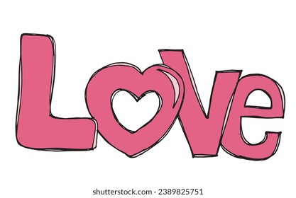 Outline illustration vector image of a love words.
Hand drawn artwork of woman letter love. 
Simple cute original logo.
Hand drawn vector illustration for posters, cards, t-shirts.