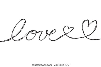 Outline illustration vector image of a love words.
Hand drawn artwork of woman letter love. 
Simple cute original logo.
Hand drawn vector illustration for posters, cards, t-shirts.