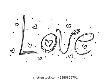Outline illustration vector image of a love words.
Hand drawn artwork of woman letter love. 
Simple cute original logo.
Hand drawn vector illustration for posters, cards, t-shirts.