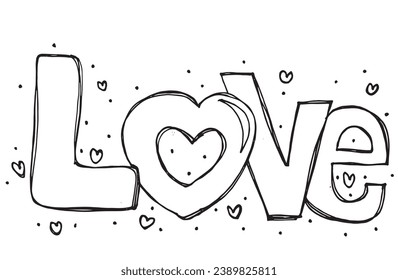 Outline illustration vector image of a love words.
Hand drawn artwork of woman letter love. 
Simple cute original logo.
Hand drawn vector illustration for posters, cards, t-shirts.