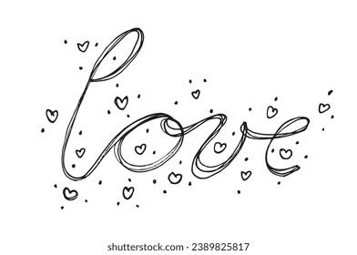 Outline illustration vector image of a love words.
Hand drawn artwork of woman letter love. 
Simple cute original logo.
Hand drawn vector illustration for posters, cards, t-shirts.