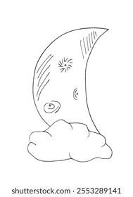 Outline illustration vector image of a moon.
Hand drawn artwork of a moon.
Simple cute original logo.
Hand drawn vector illustration for posters.