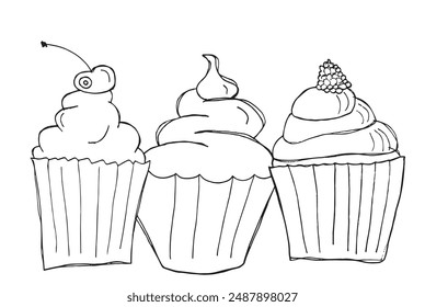 Umriss Illustration Vektorgrafik Bild eines Muffins.
Handgezeichnetes Kunstwerk eines Cupcakes.
Einfaches, niedliches Original-Logo.
Handgezeichnete Vektorillustration für Poster.