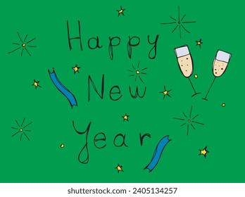 Outline illustration vector image of a New Year greeting card.
Hand drawn artwork of celebrating New years Eve.
Simple cute original logo.
Hand drawn vector illustration for posters