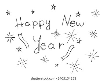 Outline illustration vector image of a New Year greeting card.
Hand drawn artwork of celebrating New years Eve.
Simple cute original logo.
Hand drawn vector illustration for posters