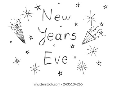 Outline illustration vector image of a New Year greeting card.
Hand drawn artwork of celebrating New years Eve.
Simple cute original logo.
Hand drawn vector illustration for posters