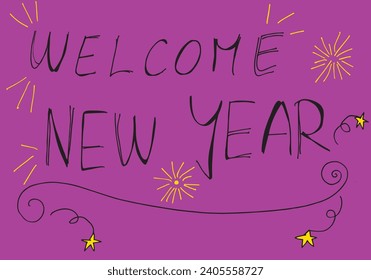 Outline illustration vector image of a New Year greeting card.
Hand drawn artwork of celebrating New years Eve.
Simple cute original logo.
Hand drawn vector illustration for posters